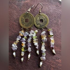 Handmade Multicolor Gemstone & Pearls Dangling Earrings with Brass Coin